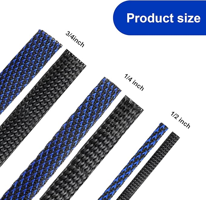 Xuniea 96ft Wire Loom Braided Cable Sleeve Covers Cord Management with 127 Pcs Tube Heat Shrinkable for Audio Video Cable Cord Protectors from Pets(1/4, 1/2, 3/4 Inch,Black and Blue)