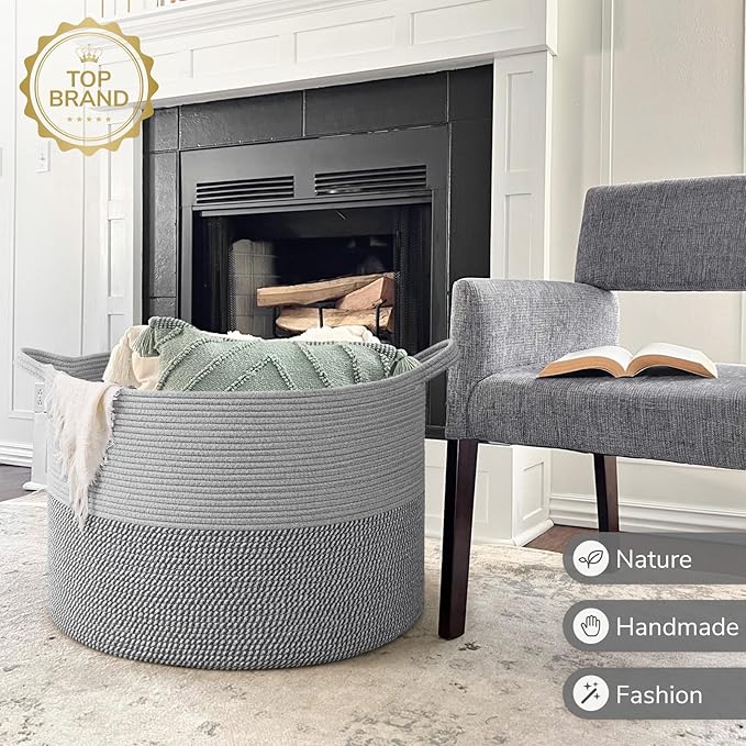 INDRESSME 115L Extra Large Blanket Basket, Cotton Rope Basket for Nursery Living Room, Decorative Woven Storage Baskets with Handles for Dirty Clothes, Toy Bin For Dog Toys, Grey