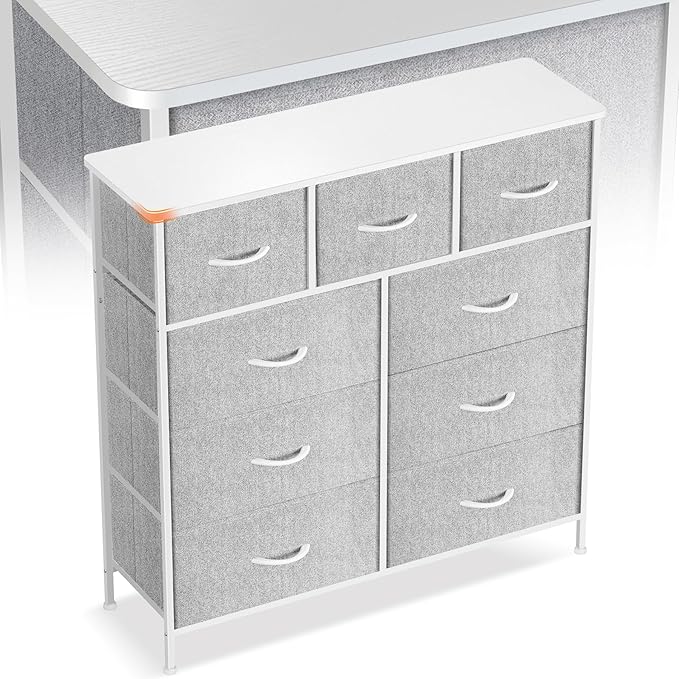 Curved Profile Dresser for Bedroom, Chest of Drawers, 9 Storage Drawers Organizer Unit, Black Dresser with Fabric Bins for Closet, Living Room, Kid Room (White)