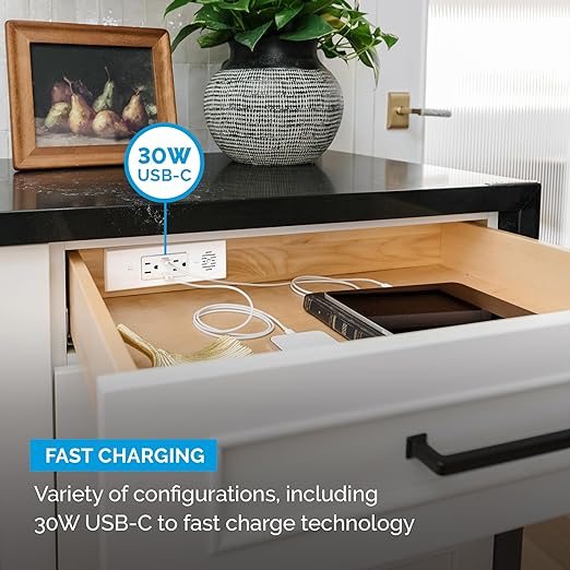 Docking Drawer Blade in-Drawer Outlet, Integrated Safety Shutoff, (2) 30W USB-C & (2) 15 amp AC, White