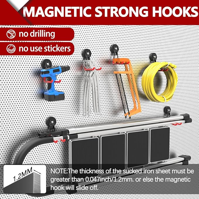 3-H Heavy Duty Magnet Garage Hooks 2 Pack, Extra Large Strong Magnetic Hooks for Hanging Cordless Power Drill, Utility Magnetic Tool Holder for Metal Cabinet, Steel Pegboard, Toolbox, Garage(Red)