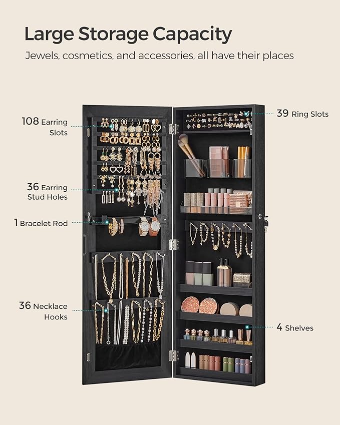 SONGMICS Mirror Jewelry Cabinet Armoire, Wall or Door Mounted Jewelry Storage, Hanging Lockable Frameless with 2 Plastic Cosmetic Organizers, Christmas Gift Idea, Black UJJC001B01