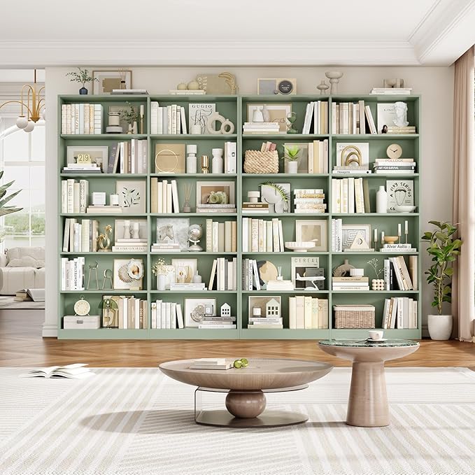 FACBOTALL Bookshelf and Bookcase, 6-Tier Double Wide Bookshelves, Freestanding Display Storage Shelves, Tall Bookcases for Home Decor Bedroom, Living Room, Home Office, Green