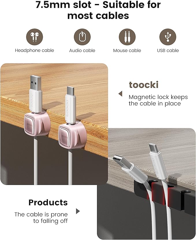 12 Pack Magnetic Cable Clips – Cord Organizer & Holder, Toocki Adhesive Cable Management, Wire Holder for USB Charging Cables, Ideal for Home, Office, Car, Desk, and Nightstand-Pink