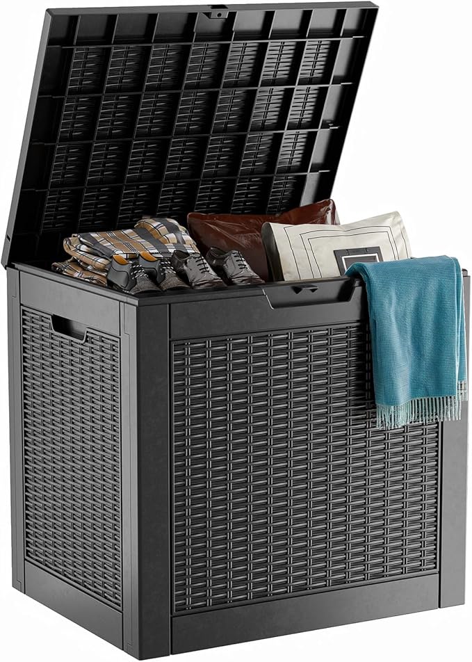 31 Gallon Outdoor Deck Box,Storage Lockable Waterproof Patio Furniture,Garden Tools,Cushions,Pool Accessories Outside Storage Resin Box(Black)