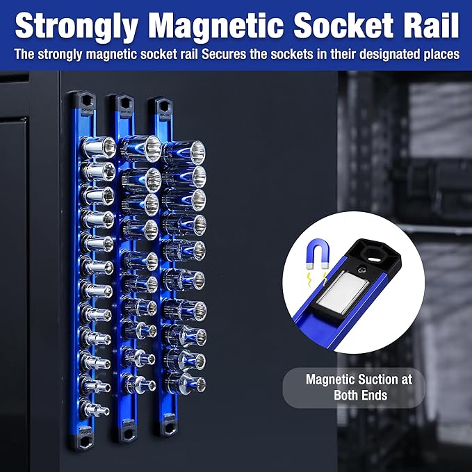 WORKPRO Magnetic Socket Organizer, 1/2-Inch Drive Aluminum Alloy Socket Rail, Heavy Duty Socket Holder, Socket Rack Kit 1/2-Inch x 10 Clips (Blue)