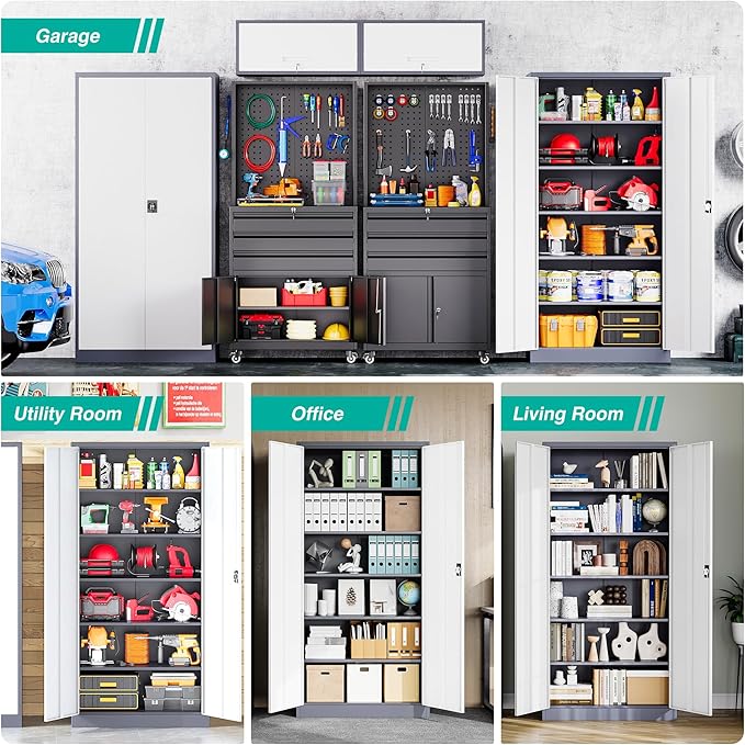 SISESOL Storage Cabinet with Doors and Shelves,71" Metal Storage Cabinet with Lock Door Adjustable Shelf, Steel Lockers for Office, Home,School,Kitchen,Garage Tool Utility Cabinet