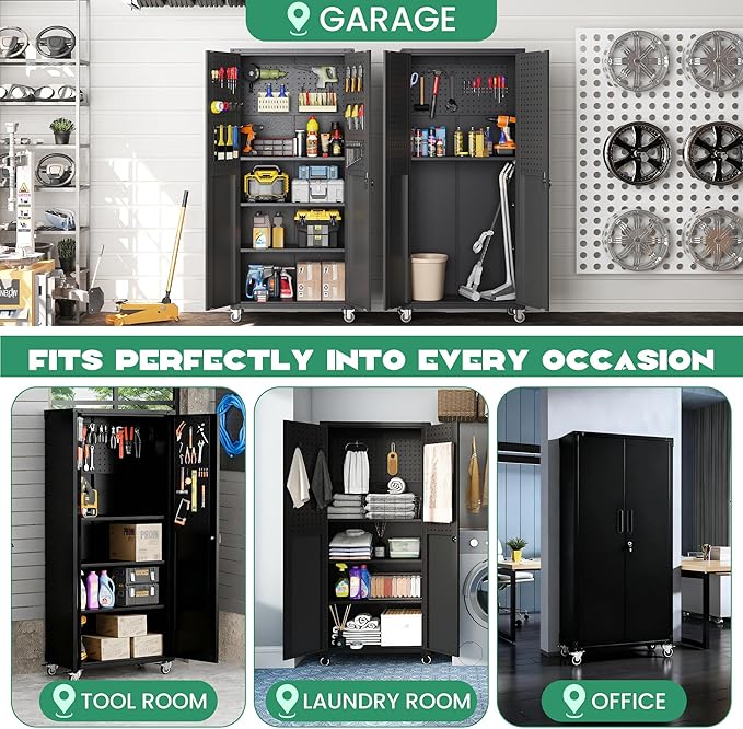 Rolling Tool Cabinet with Pegboard, 71" Tool Cabinets with 4 Adjustable Shelves for Garage, Tool Room, Assembly Required(Black)