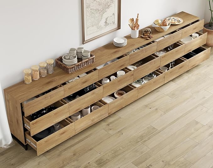WAMPAT Dresser for Bedroom, Closet Organizers and Storage with 18 Drawers, Modern Wood Dresser with Metal Base, Chest of Drawers for Living Room, Bedroom, Oak