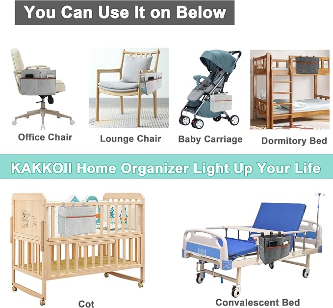 Bedside Caddy, Felt Bedside Storage Organizer, Hanging Storage Bag, Chair Organizer Caddy, Remote, Magazine, Drink Bottle Holder for Hospital, Dorm Bed, Baby Stuff, Office (Light Grey Small)