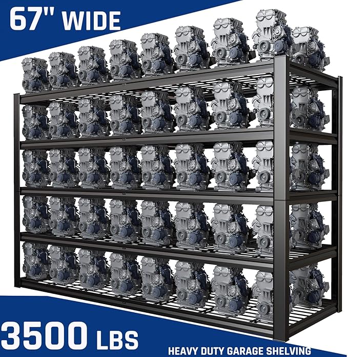 67" Wide 5-Tier Garage Shelving Unit, 67" W x 24" D x 84" H, Heavy Duty Garage Storage Shelves,3500 LBS Capacity, Industrial Adjustable Shelves for Basement Warehouse