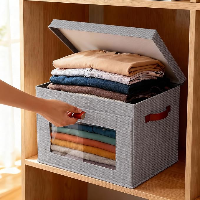 2-Pack Large Storage Bins with Lids,Stackable&Collapsible Closet Storage Bins,Oxford Fabric Organizer Box with Clear Window,Large Decorative Storage Boxes for Closet,Dorm16.5"x11.8"x11"