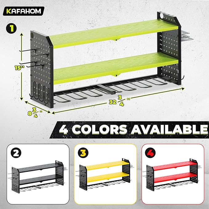 KAFAHOM Power Tool Organizer, Large 8 Drill Holder Wall Mount with 2 Side Pegboards, Heavy Duty Metal Tool Shelf with 12 Hooks, Storage Rack for Garage Organization, Utility Battery Shelves - Green