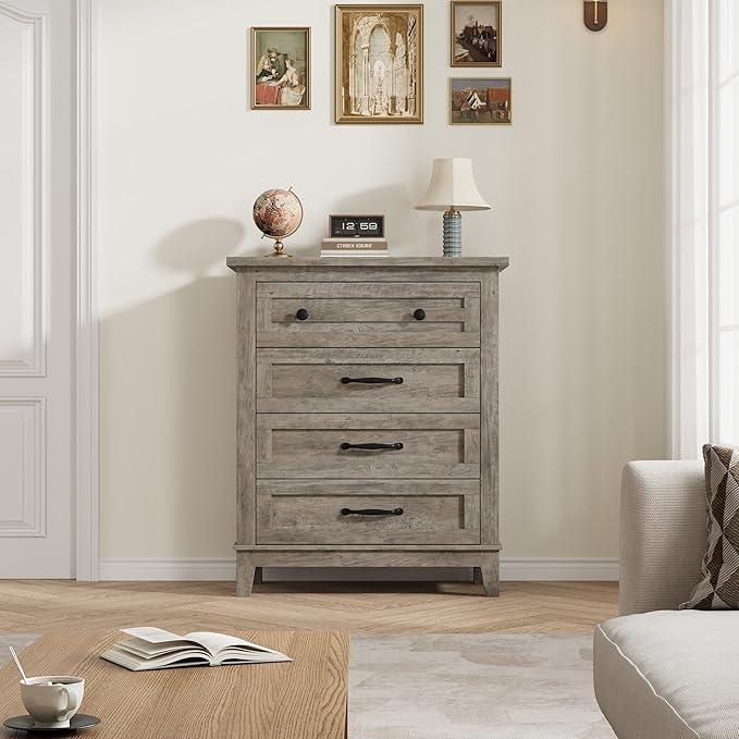 GarveeHome 4 Dresser for Bedroom, 34.8 in Tall Vertical Drawer Dresser with Large Storage, Freestanding Wooden Closet Chest for Bedroom, Living Room, Grey