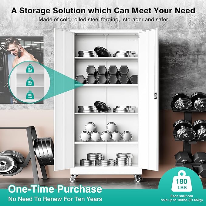 SISESOL 75" Tall Metal Storage Cabinet with Wheels,Rolling Garage Storage Cabinet with Lock,White Metal Cabinets with Wheels and Shelves,Tool Cabinets on Roller for Garage,Home,Office,Shop