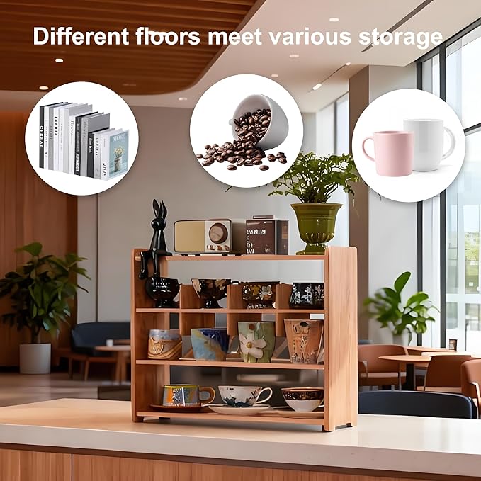 Coffee Cup Holder for Countertop Walnut Wood Coffee Mugs Holder for Kitchen Mug Display Rack (4-Tier wood A)