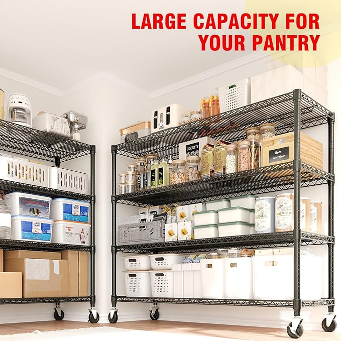 71" H Storage Shelves 2640LBS Heavy Duty Shelving Unit with Wheels & Feet, 4-Tiers Garage Shelving for Pantry Garage Kitchen Home Commercia, 71.8" H x 59" W x 17.7" D