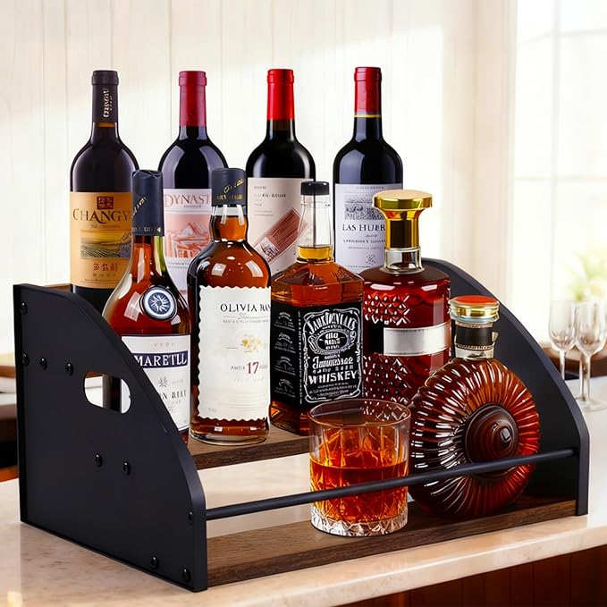 3-Tier Liquor Bottle Display Shelf, Exquisite Metal Design, Extra Large Bar Organizer for The Home Bar, Countertop Wine Rack with Smooth Handles, Retro Bar Shelf Stand for Whiskey, Spirits