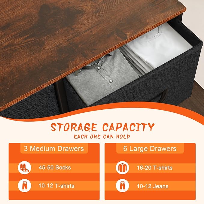 Dresser for Bedroom with 9 Drawers, Chest of Drawers, Storage Drawers Organizer Unit, Black Wide Fabric Dresser with Fabric Bins for Closet, Living Room, Entryway (Black and Rustic Brown)