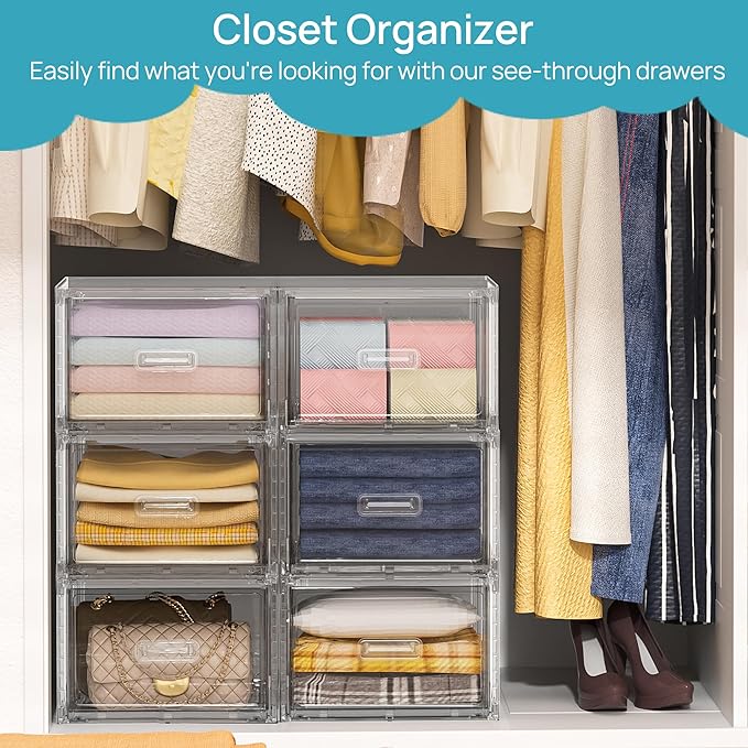 Vtopmart 6 Pack 18QT Clear Stackable Storage Drawers,Easily Assemble Closet Organizers,Plastic Storage Bins for Bathroom,Cabinet,Kitchen Pantry,Under Sink Organization(Medium)