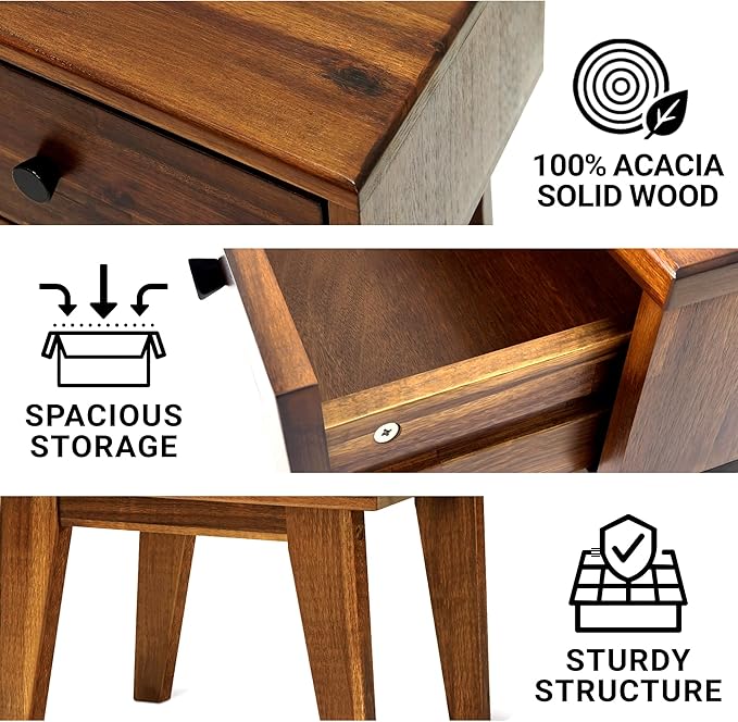 Acacia Sofia Nightstand with Drawer, Bedside Table, Solid Wood Bedside End Table with Drawer and Storage Space for Bedroom, Chocolate