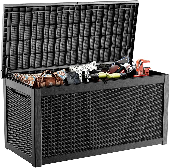 320 Gallon Large Resin Deck Box, Lockable Outdoor Storage Box for Patio Cushions Storage Furniture,Garden Tools, Pool Supplies, Weatherproof and UV Resistant-Black Rattan (320 Gallon)