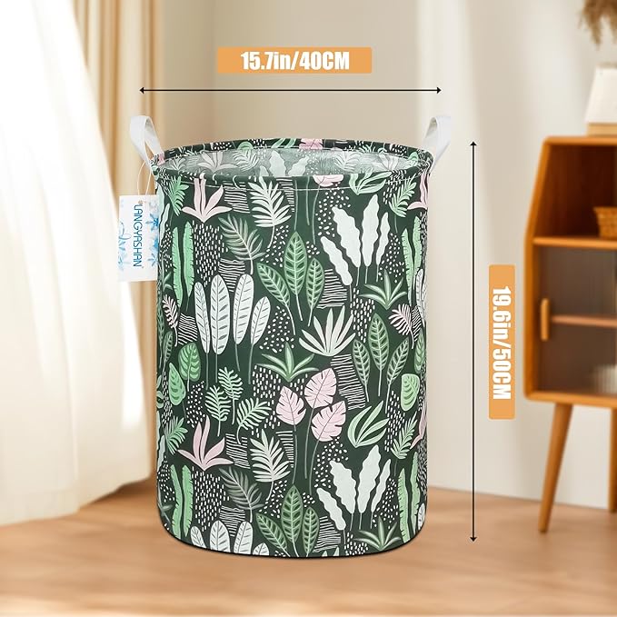 LANGYASHAN Laundry Basket Canvas Fabric Collapsible Organizer Basket for Storage Bin Toy Bins Gift Baskets Bedroom Clothes Children Nursery Hamper (Round Leaf)
