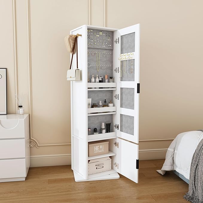 Montary 360° Rotating Makeup & Jewelry Cabinet with Full-Length Mirror - Standing Storage Organizer with Coat Rack, 4-Tier Open & Built-in Shelves, White