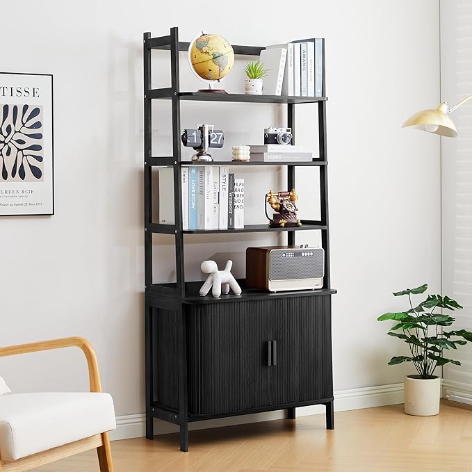 4-Tier Bookshelf, Tall Bookcase with Open Shelf and Sliding Door, 67” Freestanding Storage Organizer Display Cabinet for Living Room, Home Office (Black)