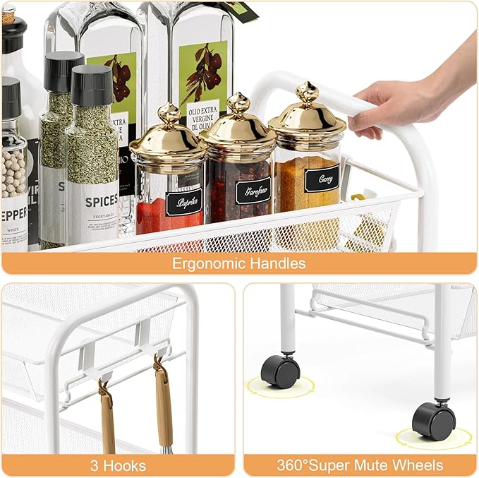 TOOLF 3-Tier Metal Rolling Cart, Mesh Wire Easy Assemble Utility Cart, Storage Trolley on Wheels with 3 Hooks, MetalStorage Shelving Units for Kitchen Bathroom Laundry Room