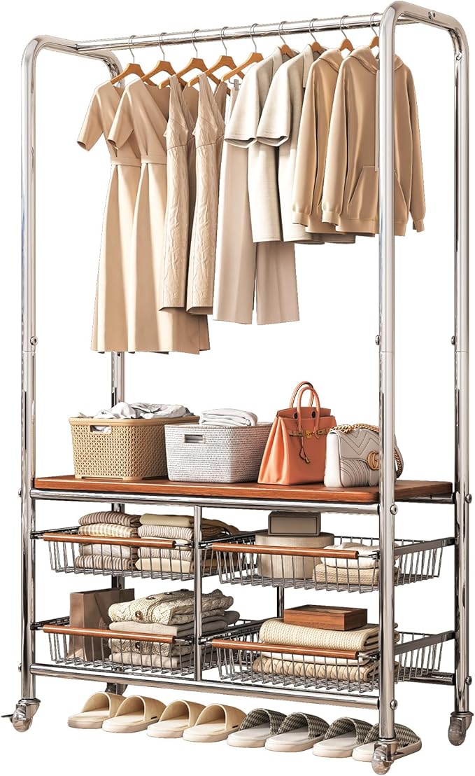 Rolling Clothing Garment Rack for Hanging Clothes–Portable Indoor Wardrobe Closet Organizer Shelves Metal Hanger Stand Heavy Duty Coat Drying Storage Racks with Wheels 15.7"Dx37"Wx67.7"H Chrome