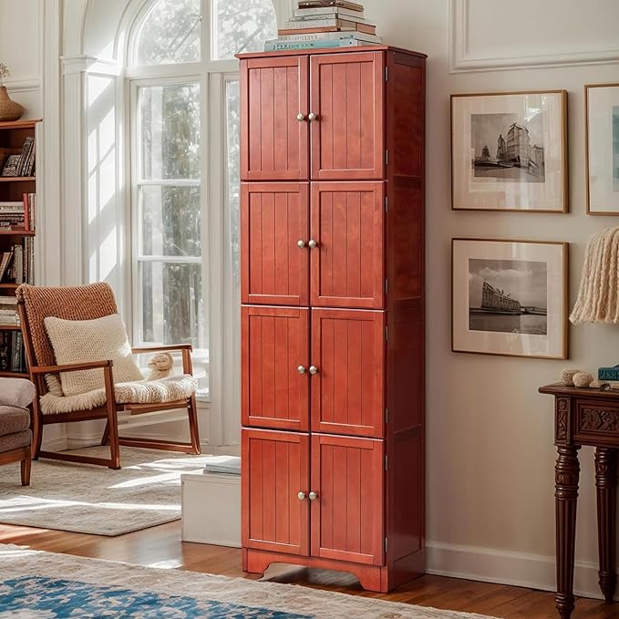 72" Tall Farmhouse Storage Cabinet, 4 Tier Kitchen Pantry Cabinet with 4 Shelves & 8 Doors, Freestanding Floor Storage Cabinet Wooden Organizer Bookcase for Living Room, Kitchen (Cherry)