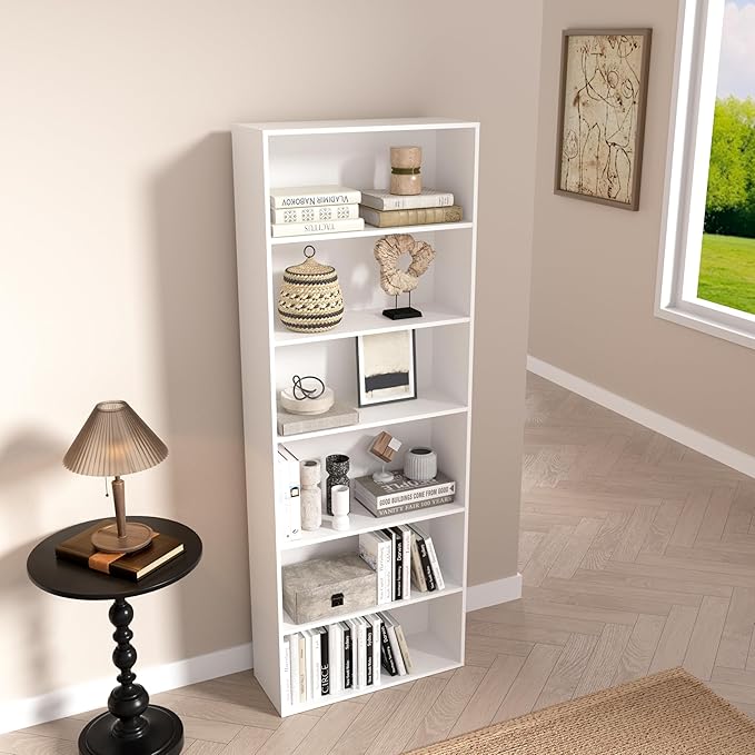6 Tier Book Shelf，Wooden 6 Cube Storage Organizer,6 Tier Low Bookcase Storage Display Organizer, 64 Inch Versatile Cubes Shelf and Cubby Unit for Any Space (White, 6 Cube-W(23.6inch)