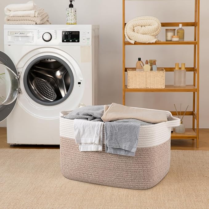 65L Large Storage Basket, Cotton Rope Woven Blanket Basket, Toy Storage for Baby Room, Living Room, Brown & White