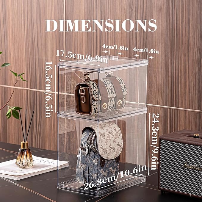 FOCHIER F Bag & Purse Organizer for Closet,3 Pack Stackable Plastic Handbags Storgae Shelf Dividers,Clear Clutch Bag Organizers and Storage for Wardrobe Bathroom Study and Office(2 Large+1 Small)