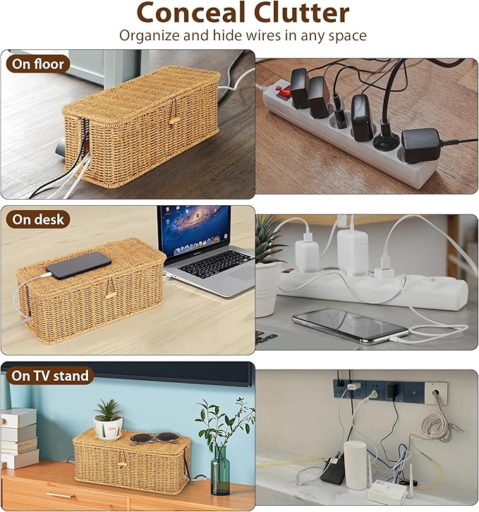 Cable Management Box, Handwoven Faux Rattan Cord Organizer with Lid, 2 Open Slots Cable Organizer Box, Decorative Cord Hider for Tv Computer USB Hub & Power Strip Holder