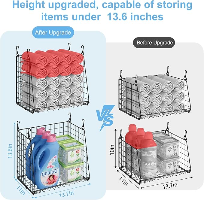 3-Pack Extra-Tall 13.6'' Hanging Laundry Basket Organizer, Foldable Wire Shelf with 360° Rotating Hooks & Reinforced Height - Durable Space-Saving Laundry Room & Closet Organizer, Black Patent