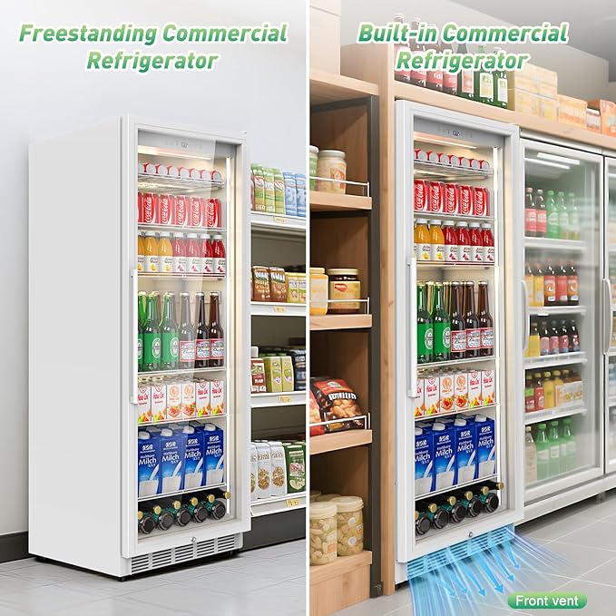 Commercial Merchandiser Refrigerator, 13.8 Cu Ft Display Beverage Fridge with Glass Door Upright Cooler with LED Light Low Noise, Fast Cooling for Shop, Restaurant, Office (White)