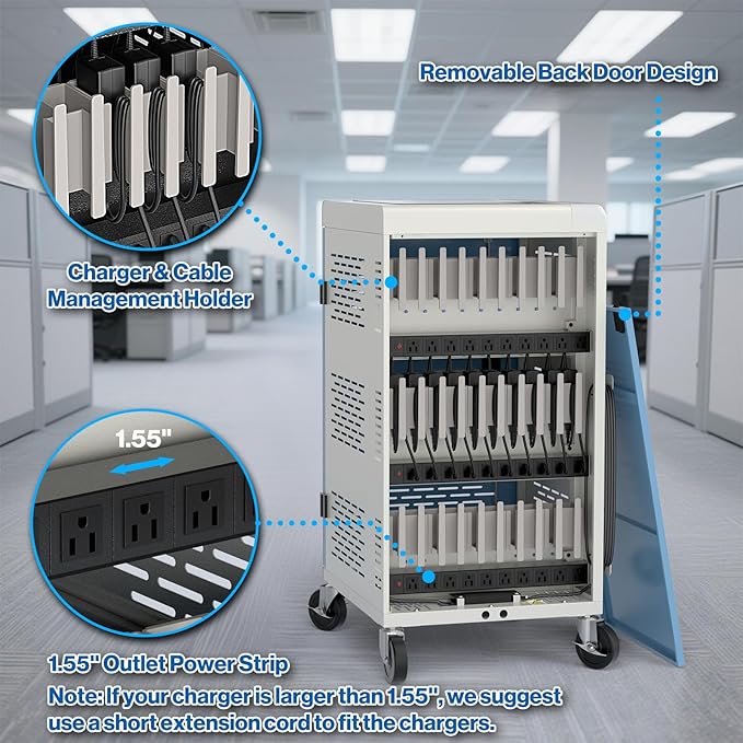 Fully Assembled 30 Unit Multi Device Charging Station for Chromebook, iPad, 14'' Laptop - Pre Built Computer Charging Cart with Charger Cable Management, Circuit Breaker, Grounding Protection (Gray)