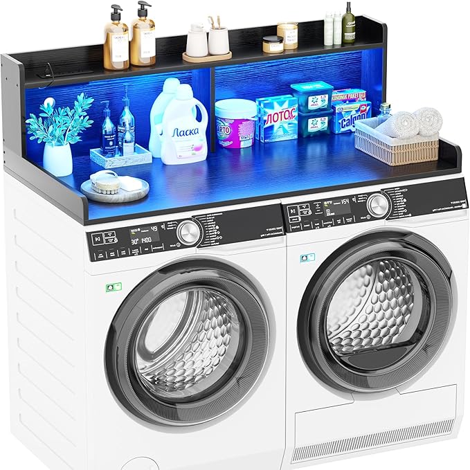 Aheaplus Washer and Dryer Countertop, 2-Tier Laundry Countertop Cover with LED Lights and Power Strip, Large Space Laundry Topper with Shelf for Laundry Room Organization, Black