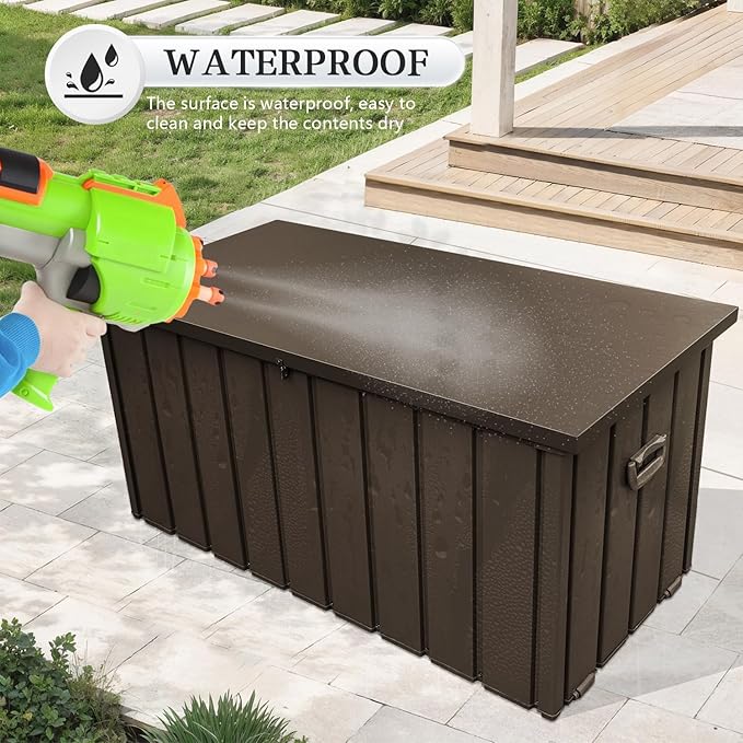Domi 100 Gallon Metal Deck Box Waterproof, Outdoor Storage Box with Lock Wheels Side Handles Outside Storage Box for Patio Cushions, Shoes & Pool Tools