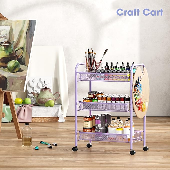 TOOLF 3-Tier Metal Rolling Cart, Mesh Wire Easy Assemble Utility Cart, Storage Trolley on Wheels with 3 Hooks, MetalStorage Shelving Units for Kitchen Bathroom Laundry Room