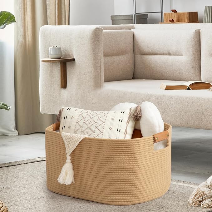 danpinera 108 L Blanket Basket for Living Room, Toy Basket With Leather Handle, Large Storage Bins for Toys, Pillows, Clothes, Rectangle Large Cotton Rope Basket, 25’’*16’’*16’’ Jute