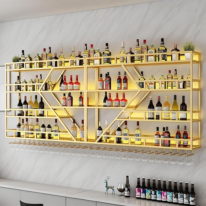 63in Metal Wine Rack Wall Mounted, Modern Wine Storage Rack Wall Mounted with Wine Glass Holder, Liquor Shelf, Bar Shelves for Liquor Bottles (4 Tiers Gold, 63 * 7.87 * 48.5INCH)
