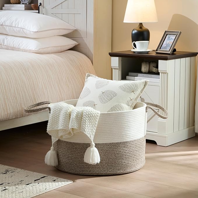 Luxury Little XXXL Nursery Storage Basket, 22 x 22 x 14 inches - 100% Cotton Rope Baskets with Handles, Laundry Basket for Toys, Blankets and Pillows - Off White & Beige