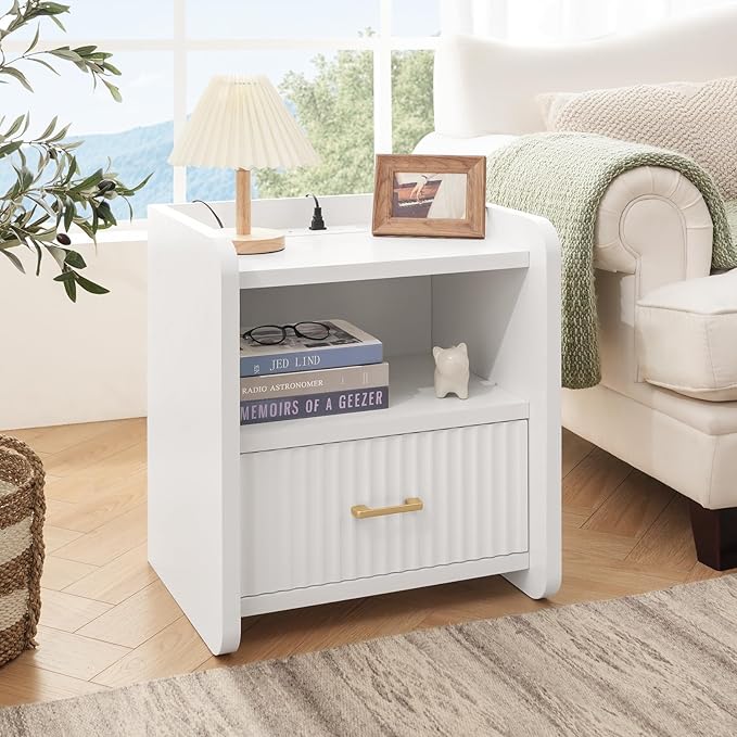 Night Stand with Charger Station, Fluted Wood Nightstand with Drawer Storage, Modern Bedside Table, Wide Nightstands for Bedroom, Mid Century Wooden Night Stands for Home Office Sofa Couch
