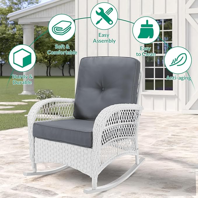 VIVIJASON 2 Piece Patio Wicker Rattan Rocker Chair, Outdoor Rattan Rocker Chair with Cushions & Steel Frame, All-Weather Rocking Lawn Wicker Furniture for Garden Backyard Porch (White Wicker/Grey)