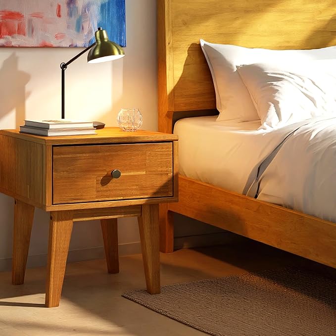 Acacia Sofia Nightstand with Drawer, Bedside Table, Solid Wood Bedside End Table with Drawer and Storage Space for Bedroom, Caramel