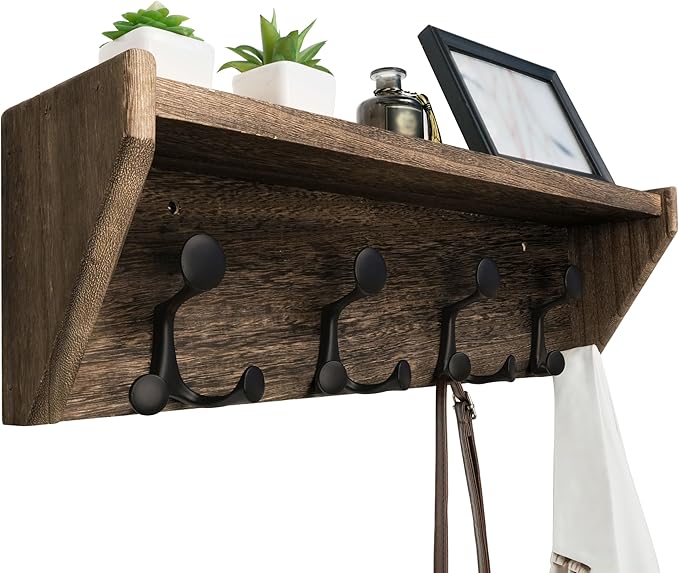 WEBI Wall Shelf with Hooks Underneath,24” Long Wall Mounted Coat Rack with Shelf,Entryway Coat Rack with 4 Triple Hooks for Hanging Coats,Jacket,Hallway,Bedroom,Mudroom,Weathered Brown