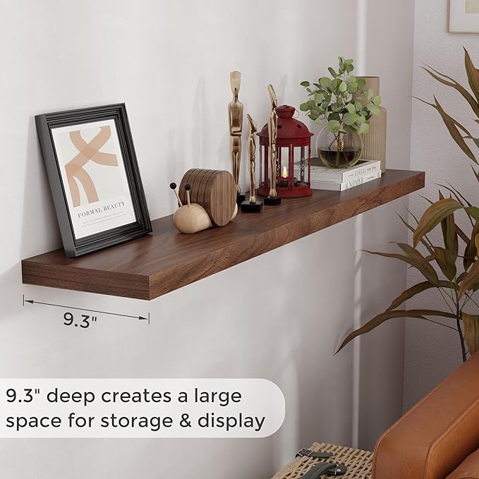Fun Memories 55Inch Floating Shelves for Wall 1 Pack Shelves for Bedroom|Kitchen|Bathroom Wall Mounted Rustic Wood Floating Shelf with Invisible Brackets for Books|Storage|Decor, Walnut